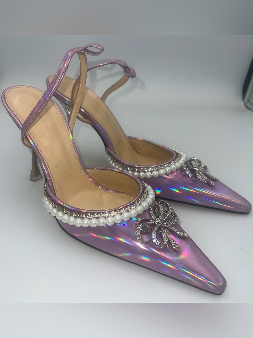 MACH & MACH Sophie Crystal Bow Embellished Leather Iridescent Heels Size EU40